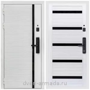 Входные двери со вставками, Умная входная смарт-дверь Армада Каскад WHITE МДФ 10 мм Kaadas S500 / МДФ 16 мм СБ-14 Сандал белый стекло черное